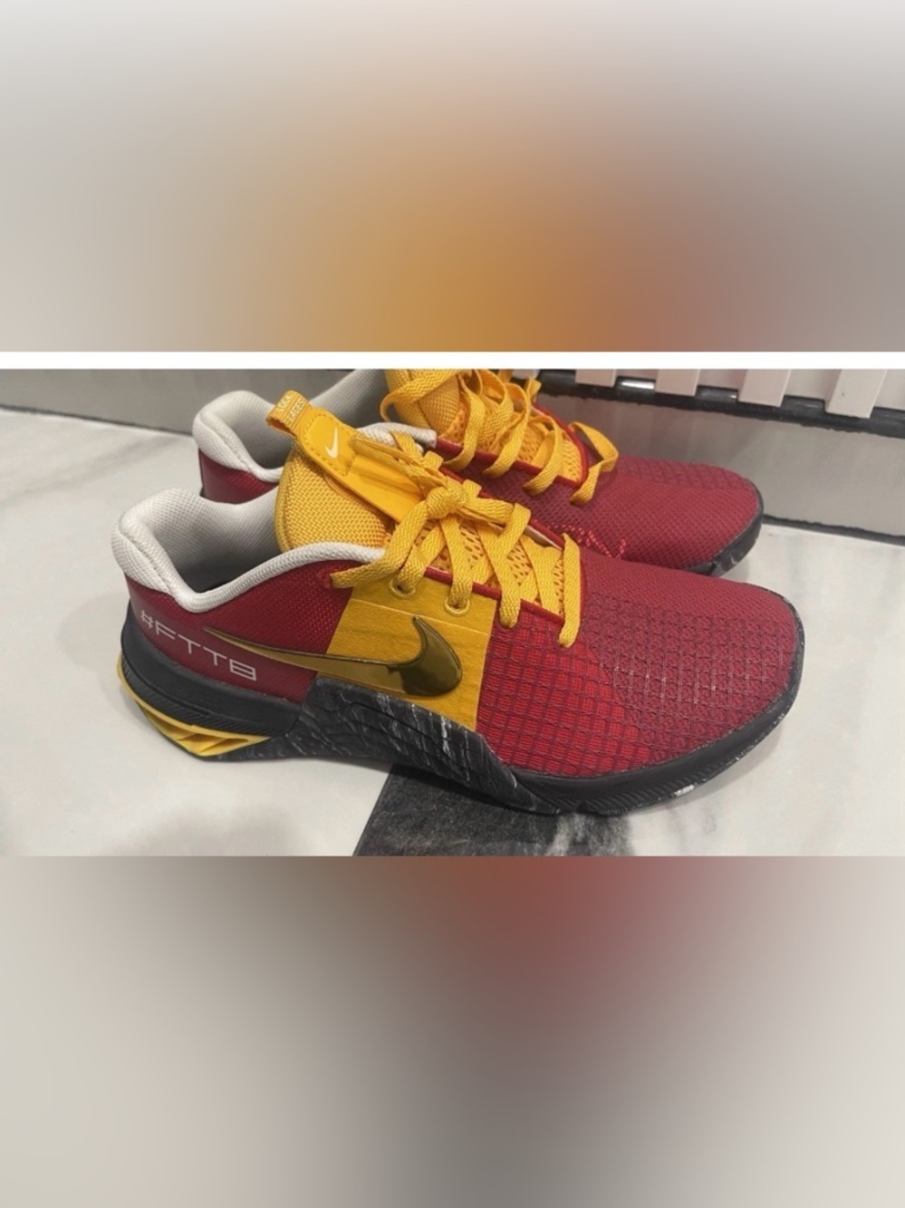 Nike Metcon 8 Red and Yellow Low-Top Athletic Shoes with Gold Swoosh